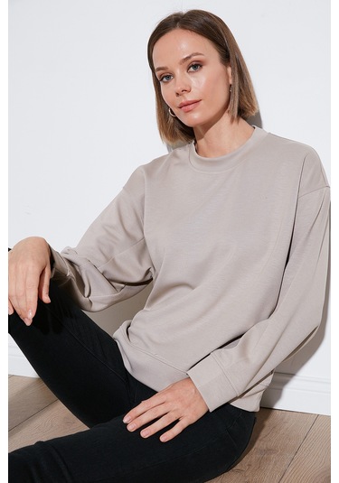 Lela Streç Bisiklet Yaka Oversize Fit Scuba Bayan Sweat 5865879 Taş