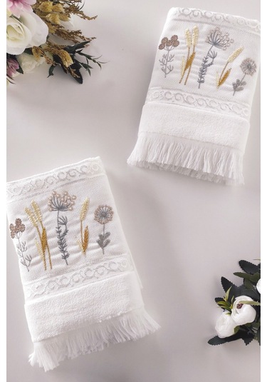 2'li Nakışlı Jakarlı Kadife El Yüz Havlusu - %100 Pamuk - Beyaz Beyaz Beyaz