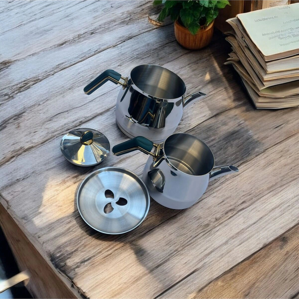 Bambum Lunar Orta Boy Çelik Çaydanlık Takımı Yeşil Yeşil