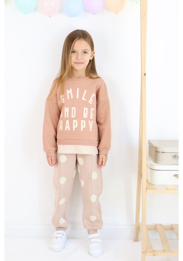 Kız Çocuk Smile And Happy Baskılı Kalın Eşofman Takımı Açık Kahverengi