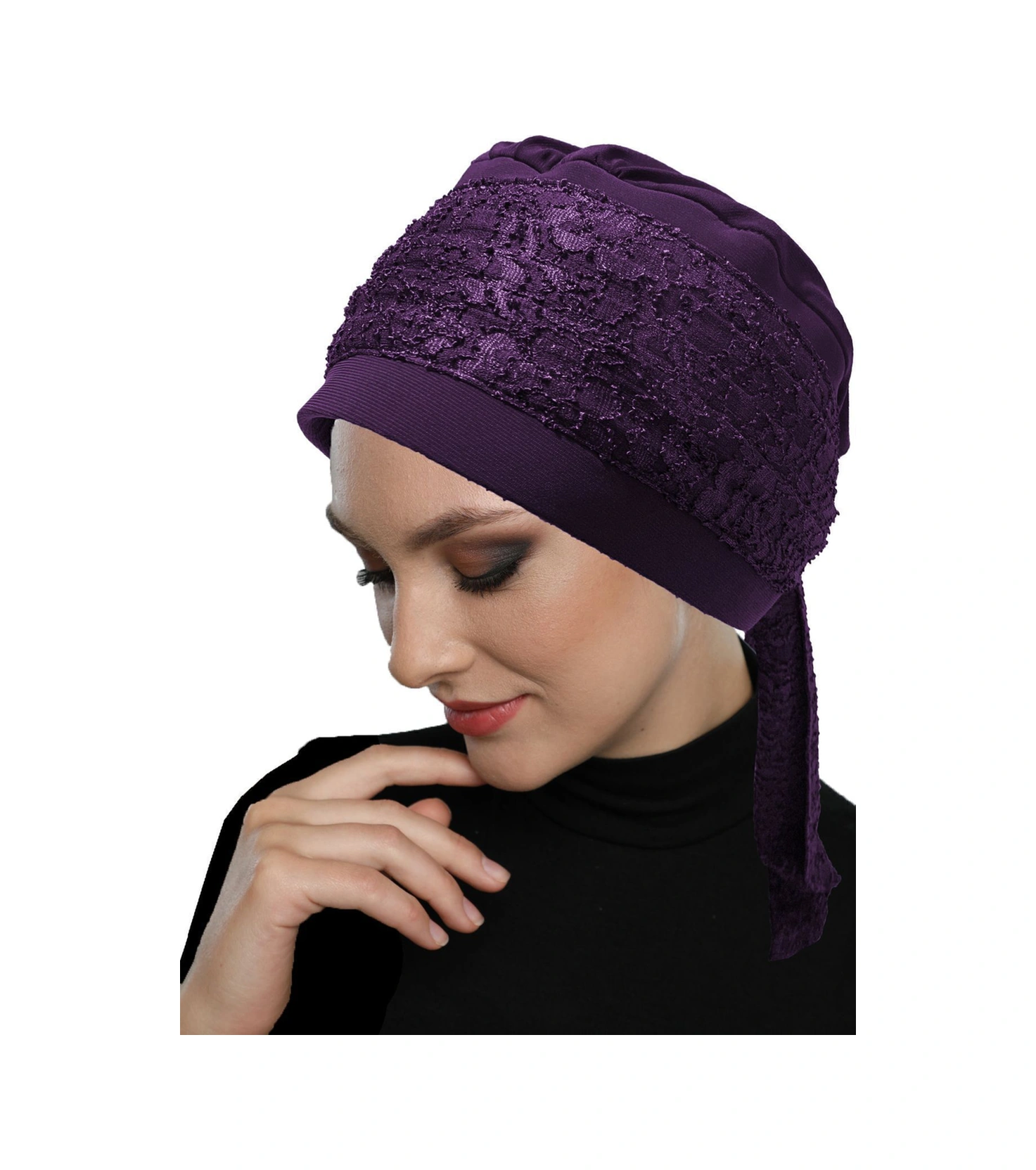 Dantel Bandana Mor Hazır Türban Tesettür Bone Mor
