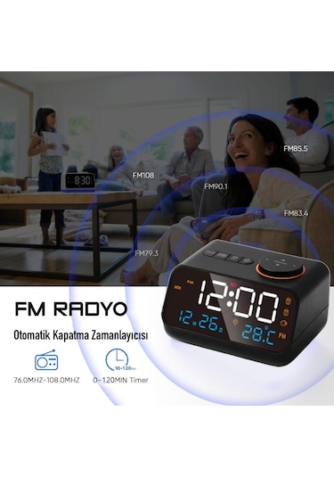 Hymark Dekoratif Led Dijital Saat Fm Radyo 2 Alarm Sıcaklık Ve Nem Göstergeli Şarjlı Pilli Saat Siyah