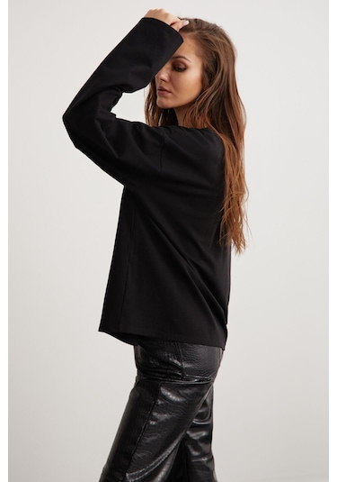 Basıl  Kadın %100 Pamuk Bisiklet Yaka Oversize Fit Uzun Kollu Siyah T-shirt