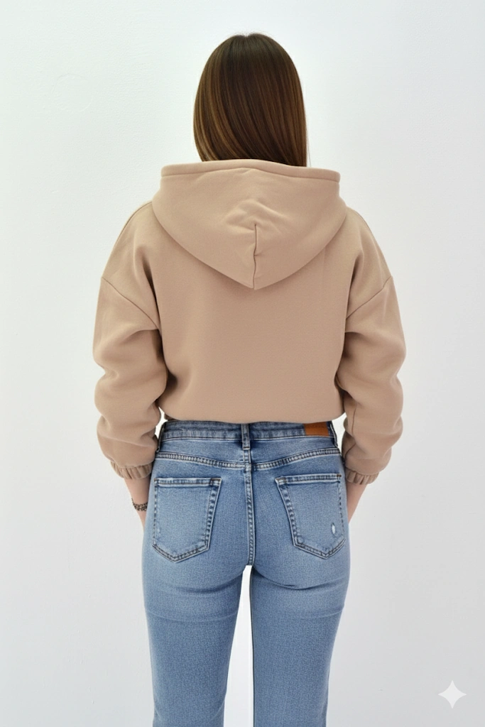 Kadın Neon Christian Drop Yazılı Kapüşonlu Crop Kesim Vizon Sweatshirt Nakış İşlemeli Vizon