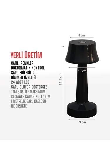 Zenlight Metal Dokunmatik Şarjlı Masa Lambası Siyah
