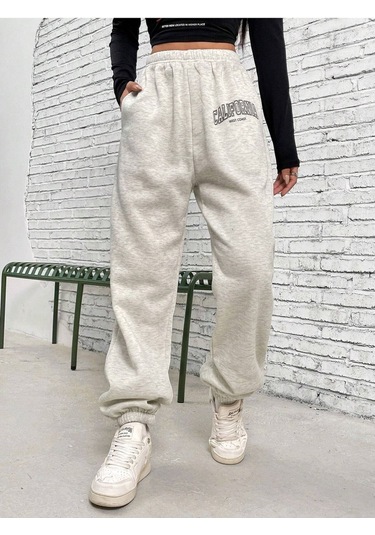 West Coast Eşofman Altı Jogger - Gri Baskılı Lastik Paça Yüksel Bel Gri
