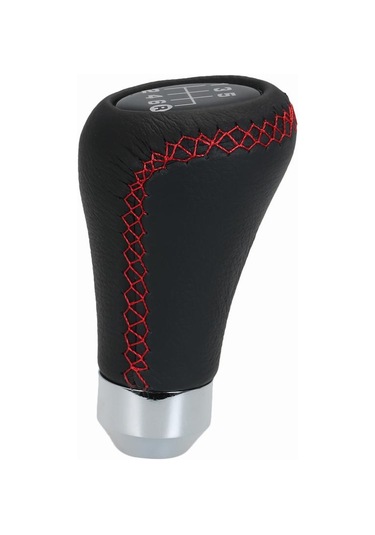 Siyah Araba Manüel Vites Topuzu Shifter Siyah Deri Kırmızı Dikiş 6 Hız Evrensel