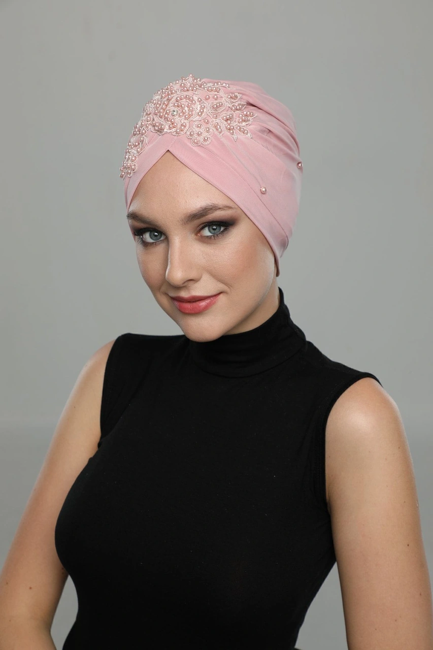 Kopma Astarlı Işlemeli Pudra Gül Motifli Hazır Türban Tesettür Abiye Bone Pudra Gül