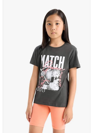 DeFacto Kız Çocuk Bisiklet Yaka Baskılı Kısa Kollu Tişört E0349A825SMAR211 Antrasit DeFacto Kız Çocuk Bisiklet Yaka Baskılı Kısa Kollu Tişört E0349A825SMAR211 Antrasit