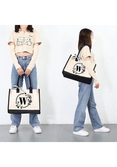 Tuval El Çantası Mektuplar Çiçek Taşınabilir Plaj Omuz Alışveriş Tote Çanta W A433 Siyah