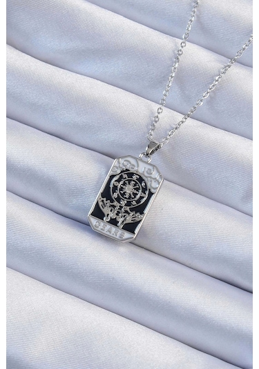 316l Çelik Zincir Gümüş Renk İşlemeli Siyah Mineli Tarot Kolye
