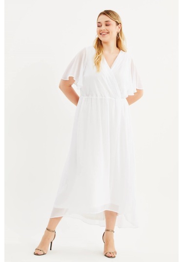 Anvelop Pelerin Kol Şifon Elbise-1512 Beyaz