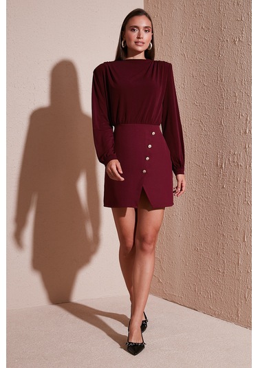 Lela Vatkalı Regular Fit Yırtmaç Detaylı Dik Yaka Mini Boy Bayan Elbise 611El751 Bordo