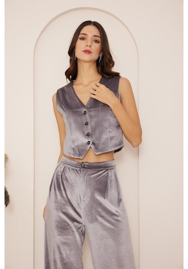 Darlin Moda Kadın Antrasit Yüksek Bel Geniş Paça Kadife Pantolon Dm3002 Antrasit
