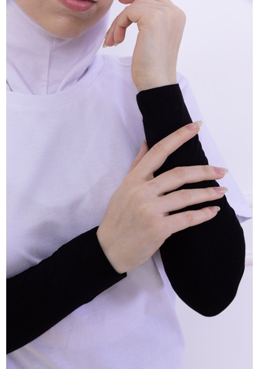 Likralı Penye Kolluk Siyah - Pratik Kadın Tesettür Düz Namaz Kolluğu 1 Çift 40cm Viskon Hijab Siyah