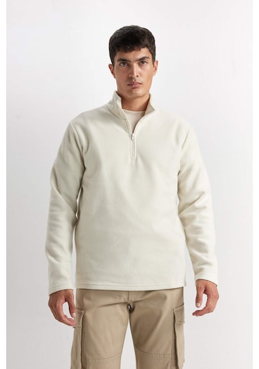 DeFacto Ekru Tüylenme Yapmayan Soğuk Geçirmez Regular Fit Dik Yaka Fermuarlı Polar Sweatshirt Y3996AZNSER117