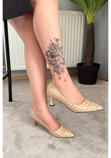Preshley Kadın Sity Bej Kroko 6 Cm İnce Topuklu Stiletto Bej