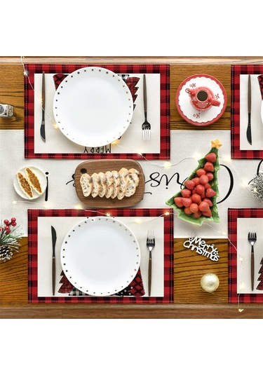 4 Adet Noel Ağaçları Kar Pembe Noel Amerikan Servisleri Kış Masa Örtüleri K Kırmızı-siyah Kırmızı - Siyah