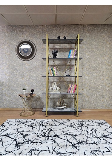 Çıkıntılı Gold Boyalı Kitaplık - 5 Raflı Suntalem Lüks Kitaplık M Çok Renkli