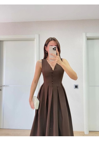 V Yaka Krep Arka Ön Pens Detaylı Uzun Kolsuz Elbise- Kahverengi Kahverengi