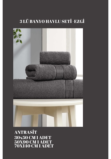 3 Parça Ekonomik Banyo Havlu Seti Pamuklu Ezgi Antrasit