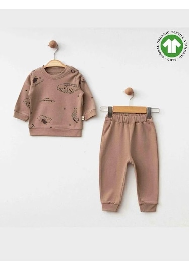Erkek Bebek Dinazor Baskılı Organik Eşofman Takım-15481 Kahverengi