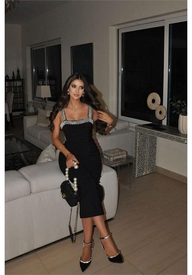 Kadın Likralı İnci Elişi Detaylı Tasarım Elbise Dpnbemp2582 Siyah