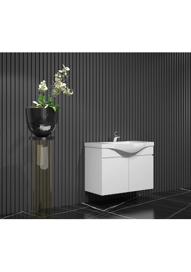 Yıldız 80Cm Komple Parlak Beyaz Renkli Mdf Alt Dolap Ve Lavabo Ta Beyaz