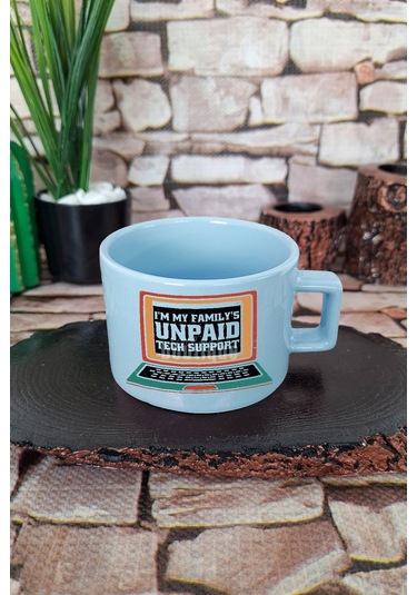 Unpaid Tech Support 2 Baskılı Yazılımcı Kare Kulplu Fincan Mavi Kupa Bardak MAvi