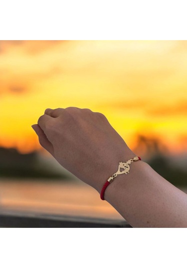 Archin N Harfine Özel 14 Ayar Altın Plakalı Minik Kuş Motifli Kırmızı Örgülü Hediye Bileklik-363harf N