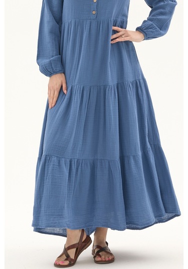 Uzun Kol İndigo Düğmeli Yazlık Uzun Müslin Elbise İndigo