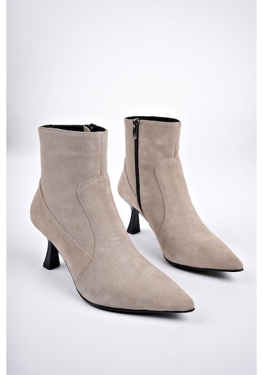 Muggo Natalie Garantili Hakiki Deri Sivri Burun Fermuarlı İnce Topuklu Kadın Bot Vizon Süet Vizon