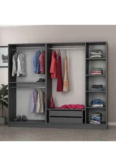 Minar Kale 5 Bölmeli 2 Çekmeceli Giyinme Dolabı Antrasit 210cm