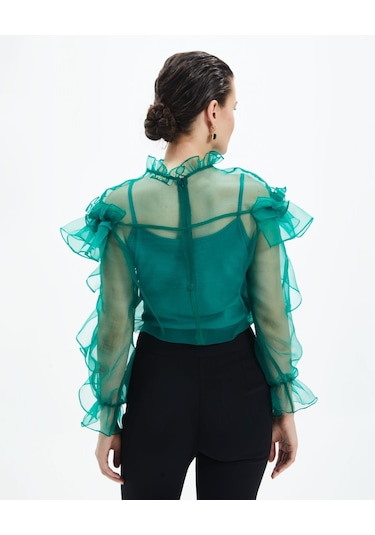 Kadın Volan Detaylı Şifon Bluz Çiçek Yaka Tasarım, Uzun Kollu Yeşil