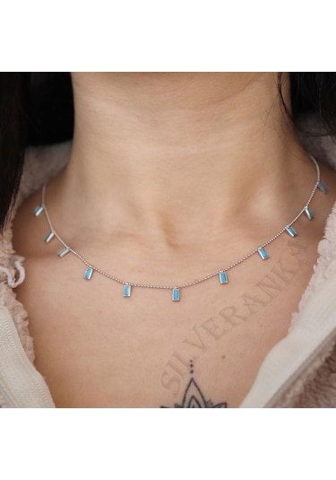 925 Ayar Gümüş Shakıra Kare Turkuaz Taşlı Gümüş Kolye