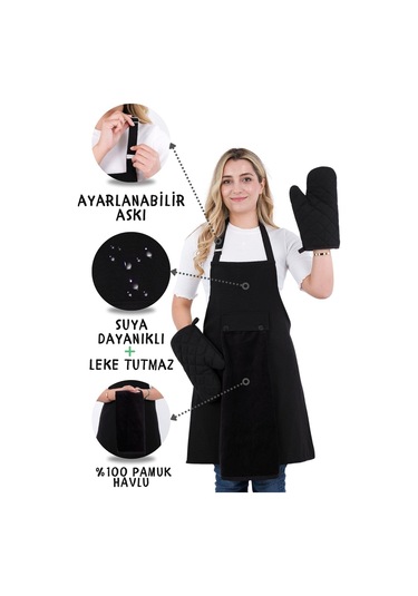 Star Ayar Askılı Havlulu 4lü Mutfak Önlüğü Seti 2 Eldiven Siyah-siyah-siyah