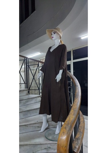 İtalyan V Yaka Uzun Kol Keten Elbise-8907 Koyu Kahve