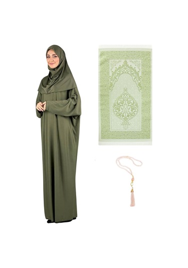 Namaz Elbisesi Eşarp Seccade Tesbih Set, İslami Giyim Takım Ferace Turban Şal Haki