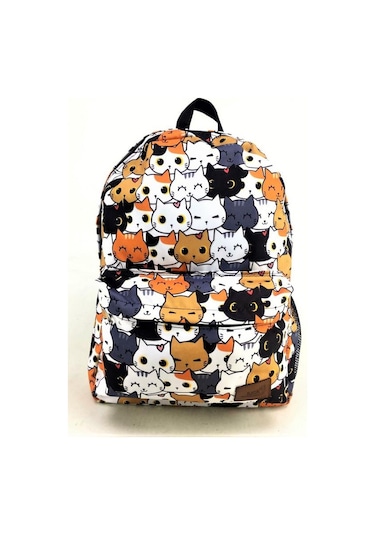Luckybag Renkli Kedi Desenli Dayanıklı Spor Seyahat Yürüyüş Okul Genç Çocuk Sırt Çanta Krem
