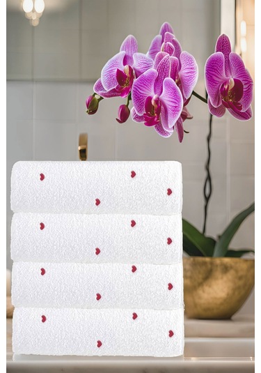 4 Lü Kalp Nakış İşlemeli El Yüz Havlu Seti %100 Pamuklu 50x90 Cm Hand Of Love Kırmızı