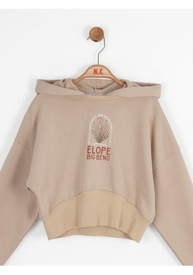 Kız Çocuk Pamuklu Orta Kalınlık Kapüşonlu Crop Sweatshirt-14707 Vizon