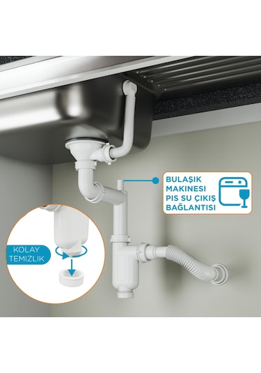 Aqua Bagno Comfort Mutfak Eviye Sifonu Yer Kazandıran, Kolay Temizlenir, Ayarlanabilir Koku Önleyici, Gider Borulu Krom