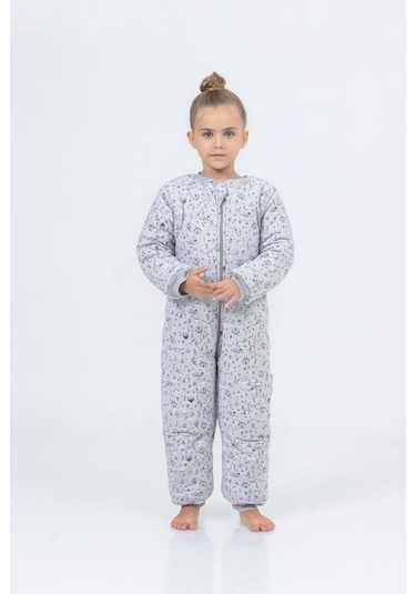 Kız Erkek Çocuk Kalın Elyaf Dolgulu Premium Kalite 2.5 Tog Desenli Uyku Tulumu Açık Gri