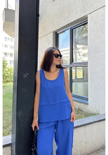 Saks İthal Müslin Kumaş, Basic, Katlı, Salaş Askılı Bluz & Atlet Saks