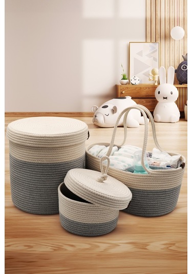 Jasper Jüt İp Hasır Gri Anne Bebek Bakım Çantası Anne Bebek Set Bej