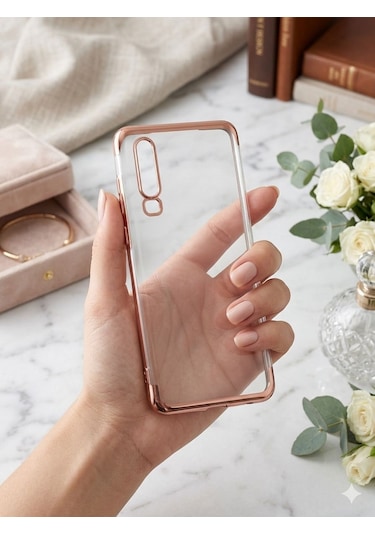 Huawei P30 Kılıf Dört Köşeli Lazer Silikon Kılıf Rose Gold