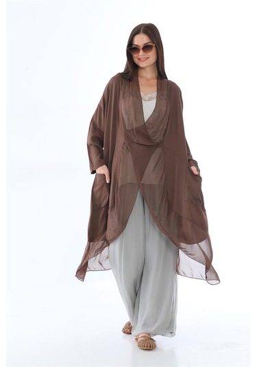 Italyan Ipek Detaylı Oversize Kaftan & Bluz-8711 Kahverengi