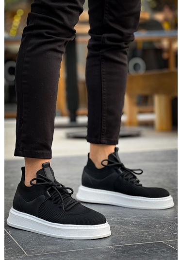 Pabucmarketi Bağcık Detaylı Triko Kumaş Erkek Spor Ayakkabı Siyah Siyah
