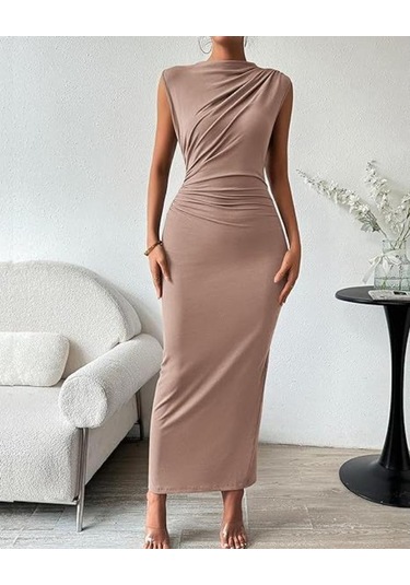 Yaz Kadın Elbisesi Kolsuz Sırt Yırtmaçlı Pileli Dar Elbiseler Siyah