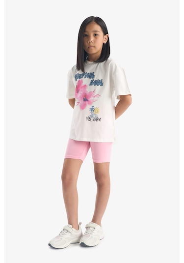 DeFacto Kız Çocuk 2'li Takım Baskılı Kısa Kollu Tişört Biker Tayt E4757A825SMER140